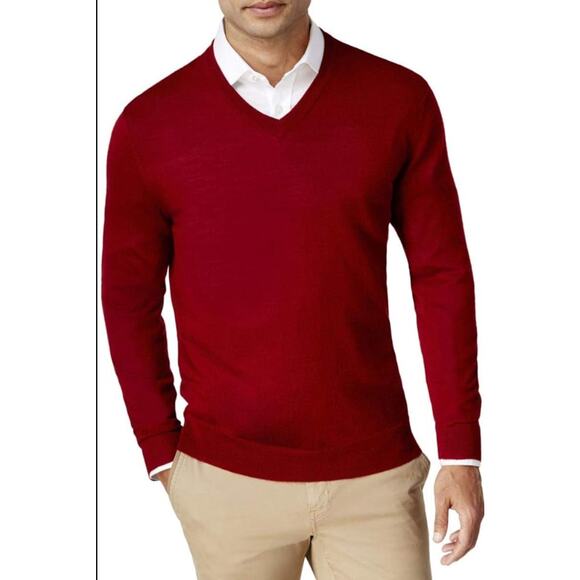Club Room Men's Merino Wool Sweater V-Neck Dark Red Size XL Italian Spun Yarn - Picture 1 of 9